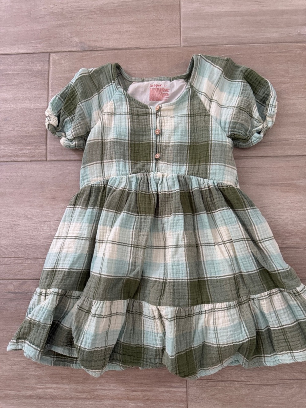 Cat & Jack Sage Green and Cream Plaid Puff-Sleeve Dress